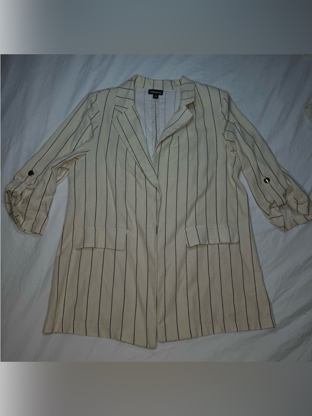 MESSINI Linen Blazer Large Beige Half Sleeve - Shoulder Pads - Business Formal
